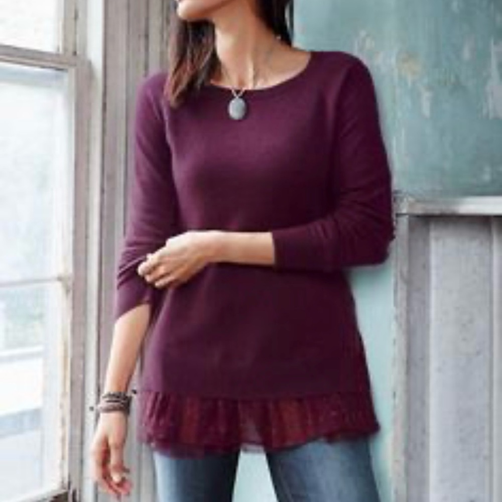Garnet Hill 100% cashmere lace trim top Small